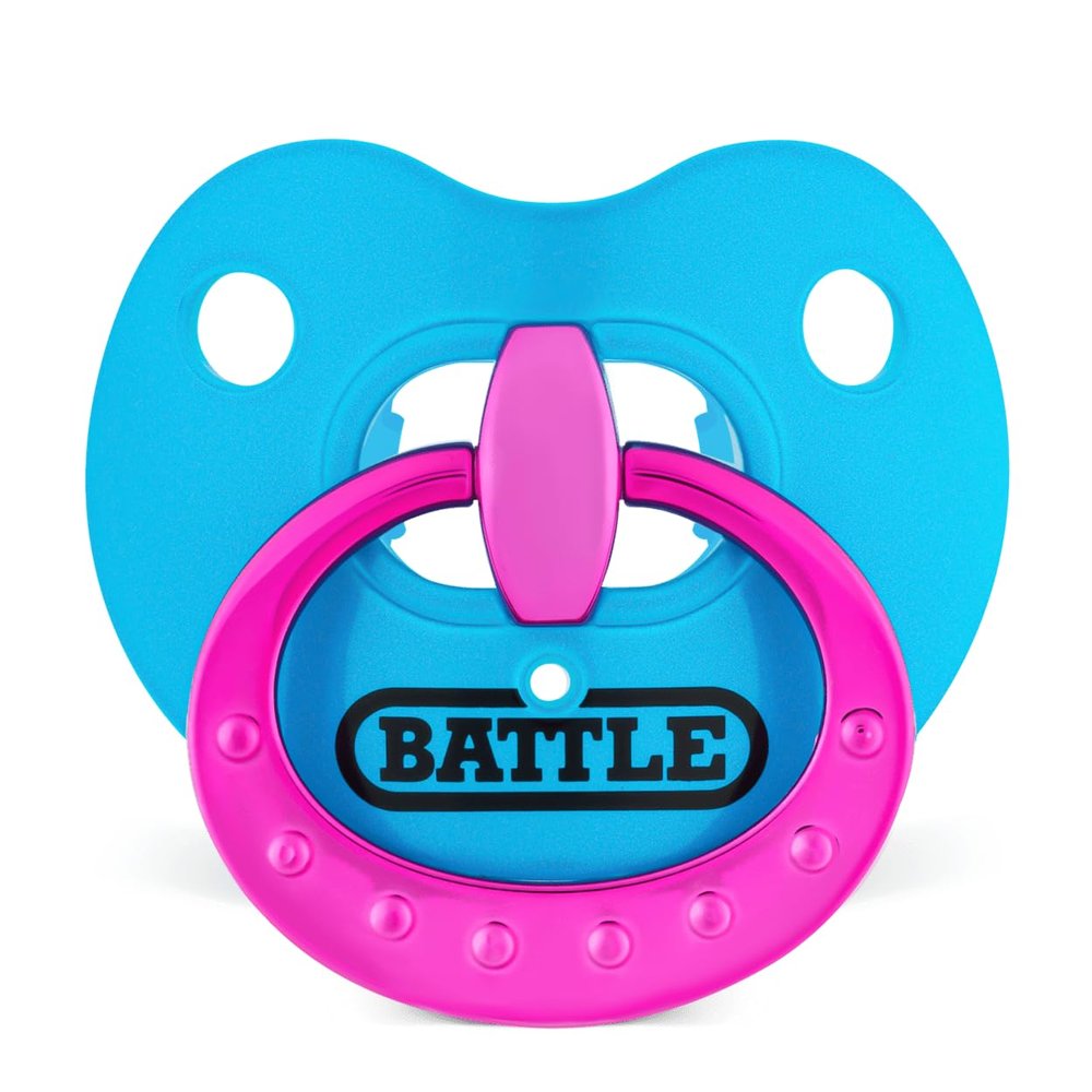 Battle Sports Binky Oxygen Football Mouthguard - Detachable Strap, Maximum Breathability, Works with Braces & No Boiling Required - Chrome Blue/Pink