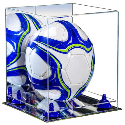 Better Display Cases Acrylic Display Case for Collectibles, Full Size Soccer Ball Display Case,Navy Blue Risers & Mirror Base, Handcrafted Showcase Box.DIM;9.75" L x 9.75" W x 9.75" H. (B02/A027)