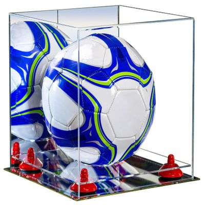 Better Display Cases Acrylic Display Case for Collectibles, Full Size Soccer Ball Display Case,Red Risers & Mirror Base, Handcrafted Showcase Box.DIM;9.75" L x 9.75" W x 9.75" H. (B02/A027)