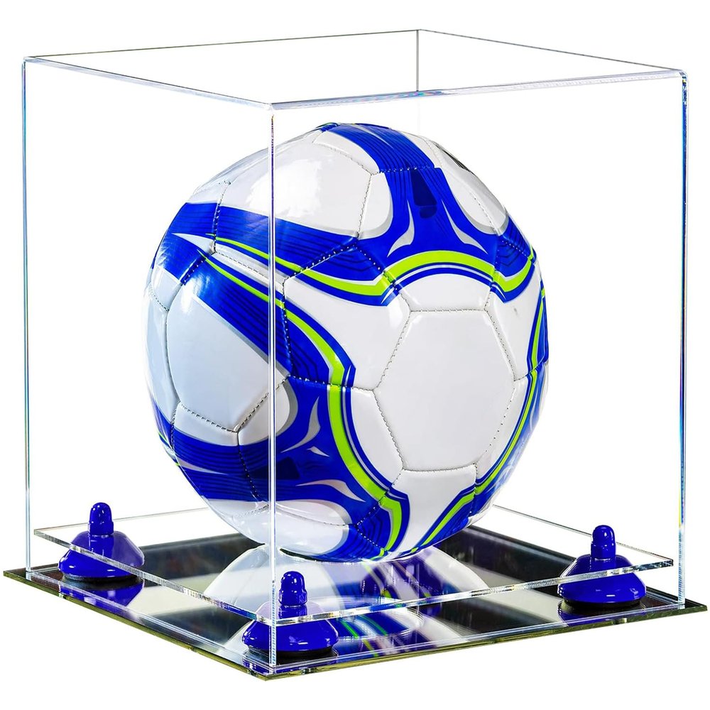 Better Display Cases Acrylic Display Case for Collectibles, Full Size Soccer Ball Display Case,Navy Blue Risers & Mirror Base, Handcrafted Showcase Box.DIM;9.75" L x 9.75" W x 9.75" H. (B02/A027)