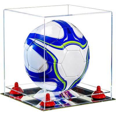 Better Display Cases Acrylic Display Case for Collectibles, Full Size Soccer Ball Display Case,Red Risers & Mirror Base, Handcrafted Showcase Box.DIM;9.75" L x 9.75" W x 9.75" H. (B02/A027)