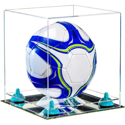 Better Display Cases Acrylic Display Case for Collectibles, Full Size Soccer Ball Display Case,Blue Risers & Mirror Base, Handcrafted Showcase Box.DIM;9.75" L x 9.75" W x 9.75" H. (B02/A027)