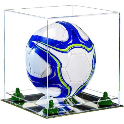 Better Display Cases Acrylic Display Case for Collectibles, Full Size Soccer Ball Display Case,Green Risers & Mirror Base, Handcrafted Showcase Box.DIM;9.75" L x 9.75" W x 9.75" H. (B02/A027)