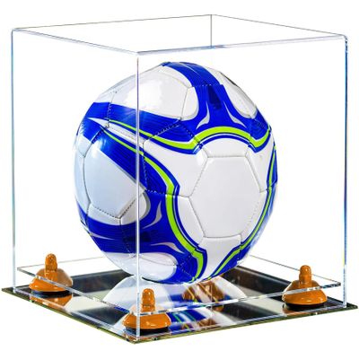 Better Display Cases Acrylic Display Case for Collectibles, Full Size Soccer Ball Display Case,Orange Risers & Mirror Base, Handcrafted Showcase Box.DIM;9.75" L x 9.75" W x 9.75" H. (B02/A027)