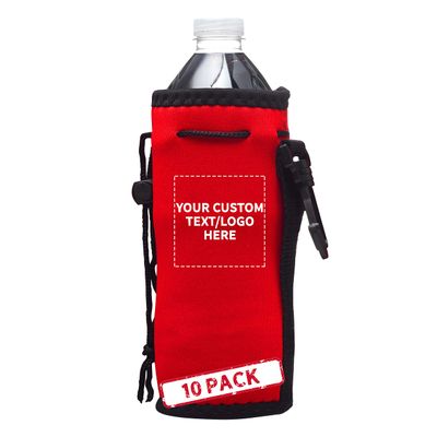 10 Neoprene Water Bottle Drawstring Insulators Pack - Customizable Text, Logo - 12 oz. Longneck, Hook - Red