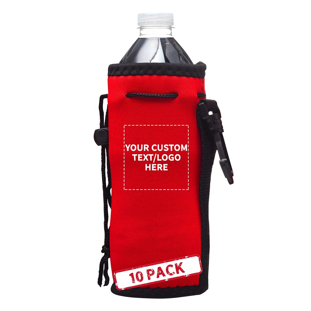 10 Neoprene Water Bottle Drawstring Insulators Pack - Customizable Text, Logo - 12 oz. Longneck, Hook - Red
