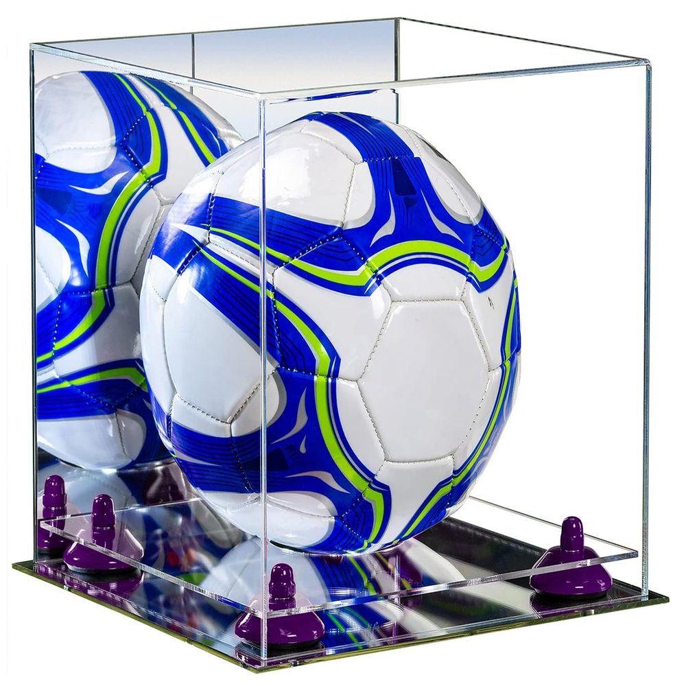 Better Display Cases Acrylic Display Case for Collectibles, Full Size Soccer Ball Display Case,Purple Risers & Mirror Base, Handcrafted Showcase Box.DIM;9.75" L x 9.75" W x 9.75" H. (B02/A027)