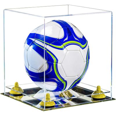 Better Display Cases Acrylic Display Case for Collectibles, Full Size Soccer Ball Display Case,Yellow Risers & Mirror Base, Handcrafted Showcase Box.DIM;9.75" L x 9.75" W x 9.75" H. (B02/A027)