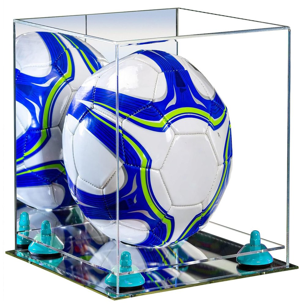 Better Display Cases Acrylic Display Case for Collectibles, Full Size Soccer Ball Display Case,Blue Risers & Mirror Base, Handcrafted Showcase Box.DIM;9.75" L x 9.75" W x 9.75" H. (B02/A027)