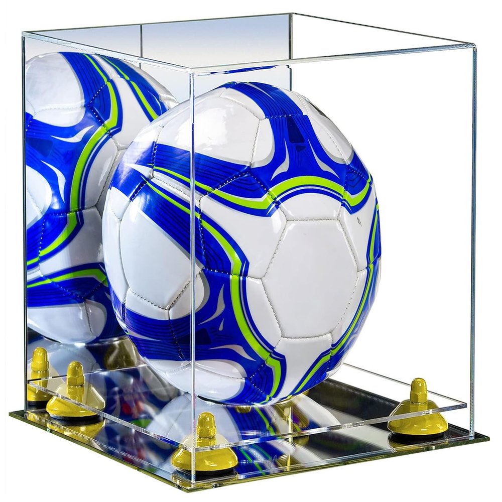 Better Display Cases Acrylic Display Case for Collectibles, Full Size Soccer Ball Display Case,Yellow Risers & Mirror Base, Handcrafted Showcase Box.DIM;9.75" L x 9.75" W x 9.75" H. (B02/A027)