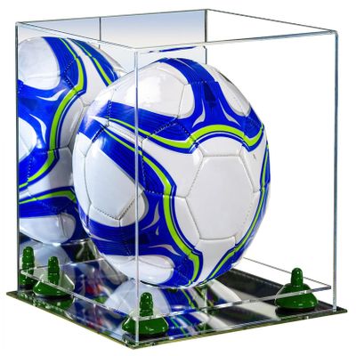 Better Display Cases Acrylic Display Case for Collectibles, Full Size Soccer Ball Display Case,Green Risers & Mirror Base, Handcrafted Showcase Box.DIM;9.75" L x 9.75" W x 9.75" H. (B02/A027)
