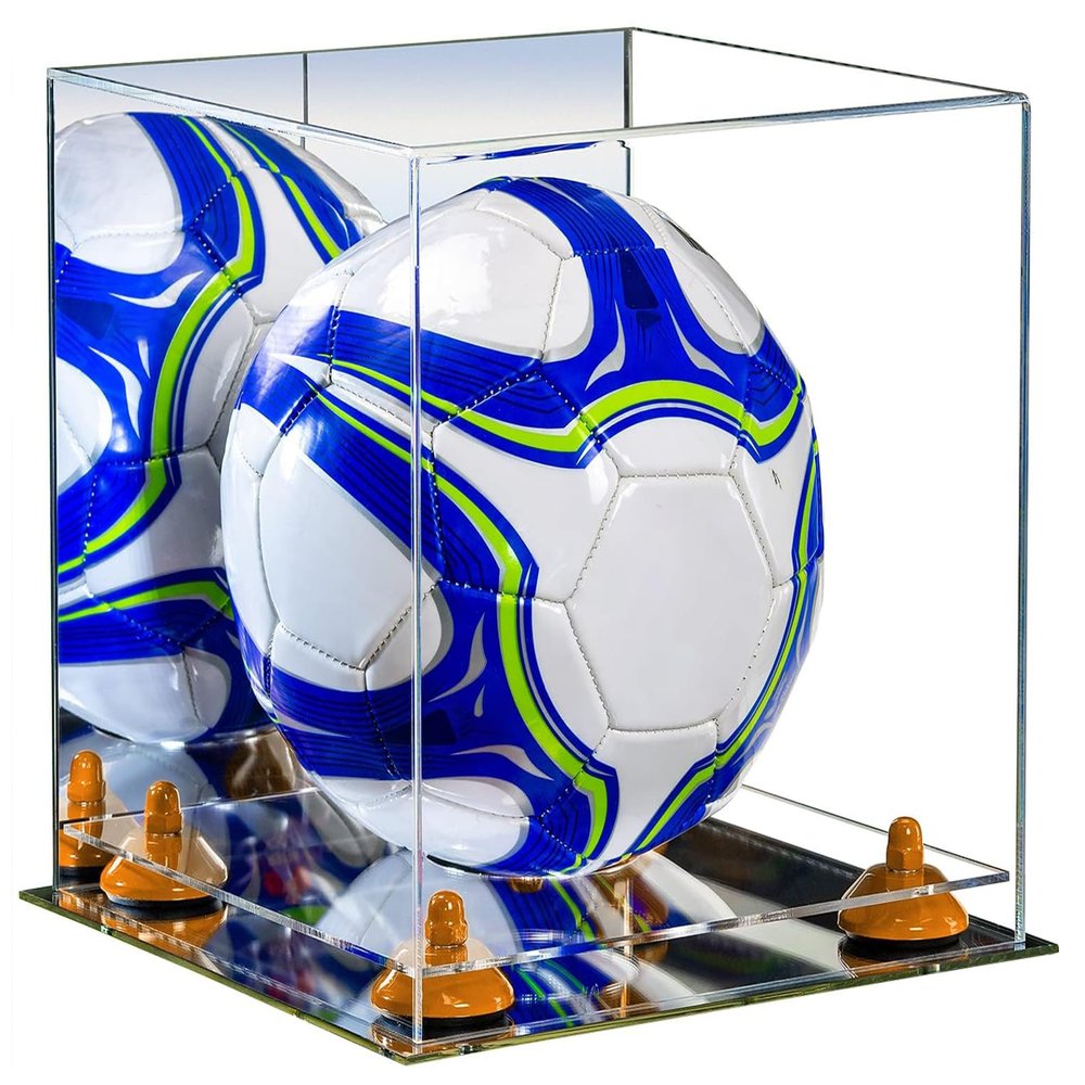 Better Display Cases Acrylic Display Case for Collectibles, Full Size Soccer Ball Display Case,Orange Risers & Mirror Base, Handcrafted Showcase Box.DIM;9.75" L x 9.75" W x 9.75" H. (B02/A027)