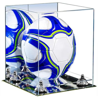 Better Display Cases Acrylic Display Case for Collectibles, Full Size Soccer Ball Display Case, Silver Risers & Mirror Base, Handcrafted Showcase Box.DIM;9.75" L x 9.75" W x 9.75" H. (B02/A027)