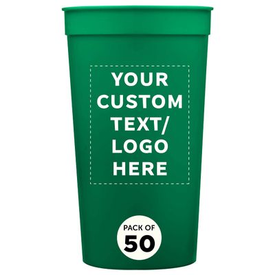 Custom Plastic Stadium Cups 32 oz. Set of 50, Personalized Bulk Pack - Perfect for Summer, Sporting Events, Birthdays, Picnic, Beach, Parties - Kelly Green