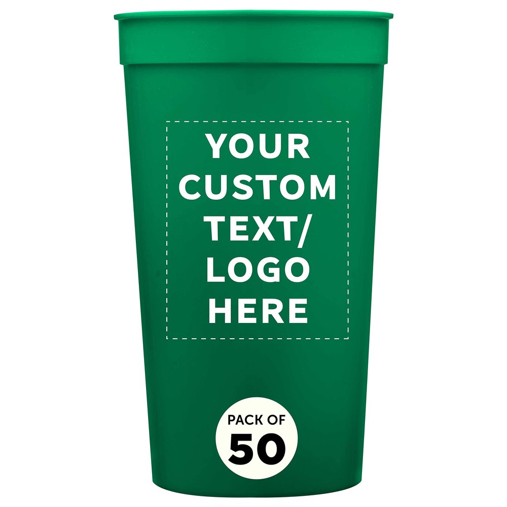 Custom Plastic Stadium Cups 32 oz. Set of 50, Personalized Bulk Pack - Perfect for Summer, Sporting Events, Birthdays, Picnic, Beach, Parties - Kelly Green