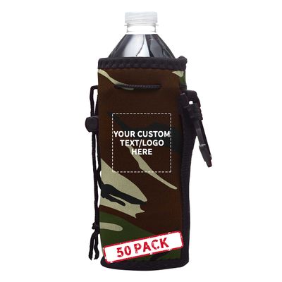 50 Neoprene Water Bottle Drawstring Insulators Pack - Customizable Text, Logo - 12 oz. Longneck, Hook - Camo1