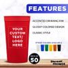 Custom Plastic Stadium Cups 32 oz. Set of 50, Personalized Bulk Pack - Perfect for Summer, Sporting Events, Birthdays, Picnic, Beach, Parties - Red view 2