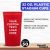 Custom Plastic Stadium Cups 32 oz. Set of 50, Personalized Bulk Pack - Perfect for Summer, Sporting Events, Birthdays, Picnic, Beach, Parties - Red view 3
