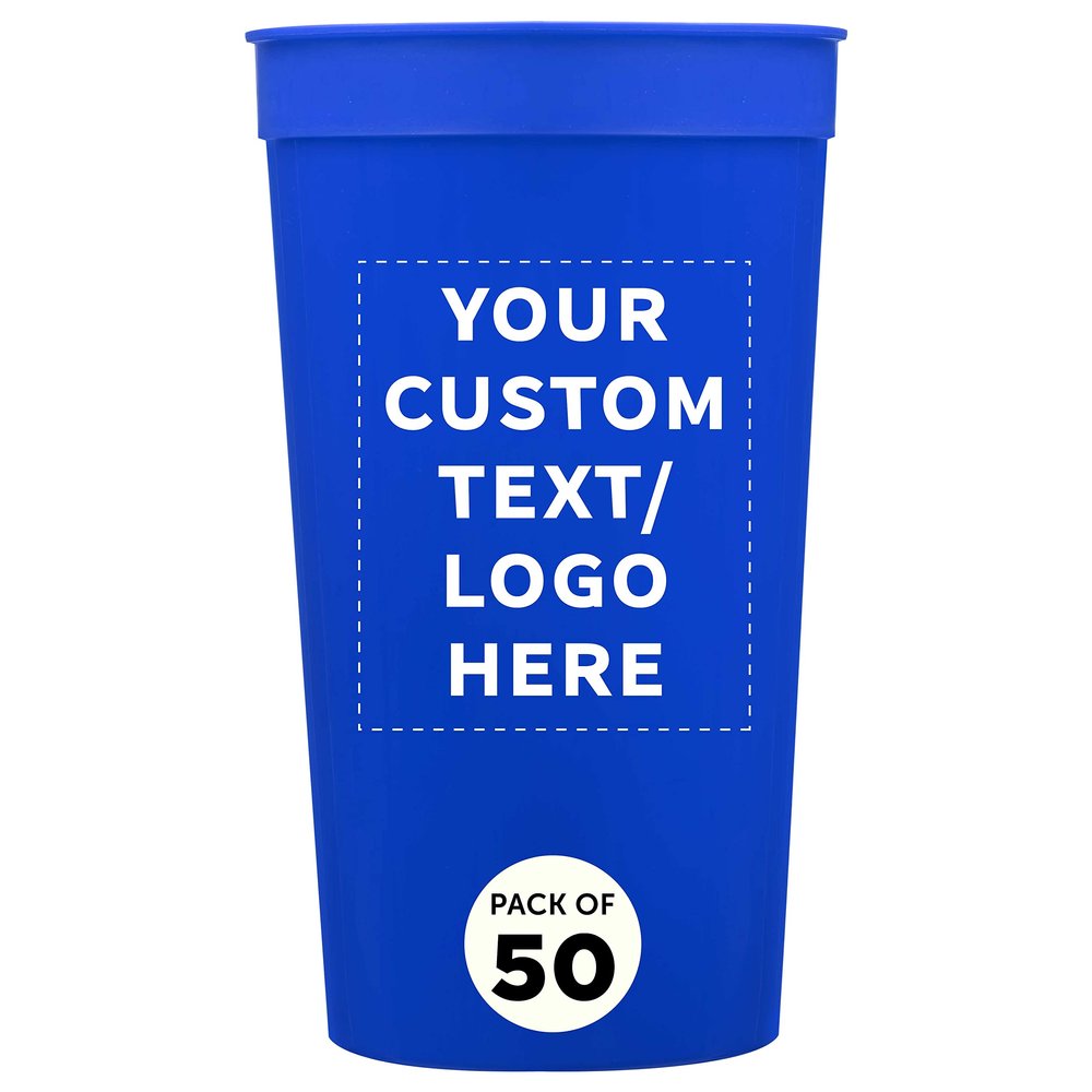 Custom Plastic Stadium Cups 32 oz. Set of 50, Personalized Bulk Pack - Perfect for Summer, Sporting Events, Birthdays, Picnic, Beach, Parties - Blue