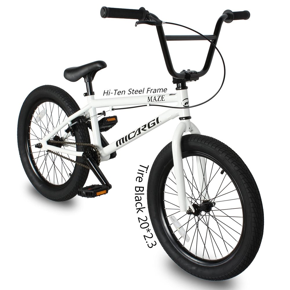 MICARGI Maze Freestyle BMX Bike, Entry and Intermediate Rider, 20-inch Wheels, Hi-Ten Steel Frame, U Brake 3-Piece Crank Micro Drive 25x 9T BMX Gearing (Maze - White)