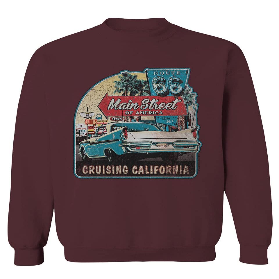 0270. Vintage Retro Route 66 California Republic car Cool cali car Men's Crewneck Sweatshirt (Maroon Small)