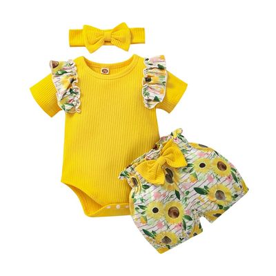 Infant Newborn Baby Girl Clothes Summer Outfits Ruffle Short Sleeve Romper and Floral Shorts Set with Headband (Yellow,12-18 Months,)