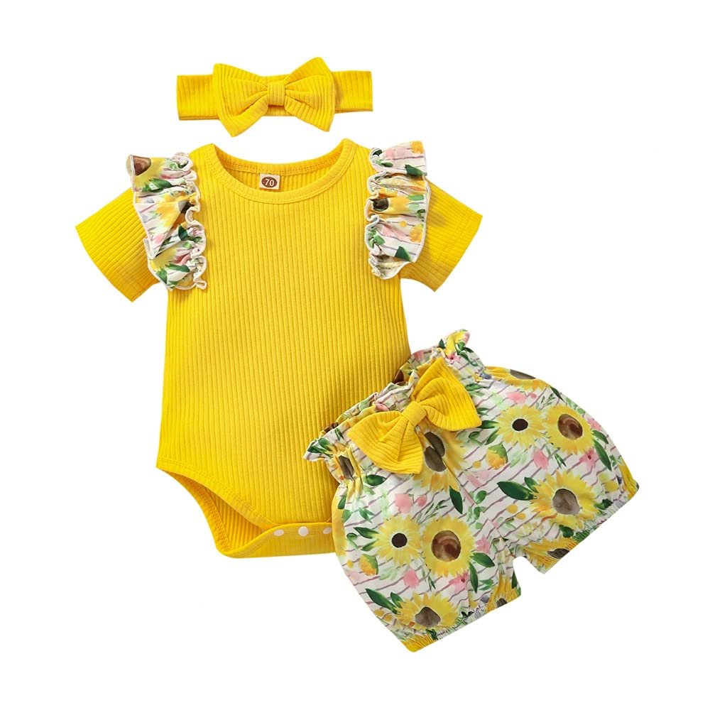 Infant Newborn Baby Girl Clothes Summer Outfits Ruffle Short Sleeve Romper and Floral Shorts Set with Headband (Yellow,12-18 Months,)