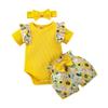 Infant Newborn Baby Girl Clothes Summer Outfits Ruffle Short Sleeve Romper and Floral Shorts Set with Headband (Yellow,12-18 Months,) view 1
