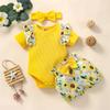 Infant Newborn Baby Girl Clothes Summer Outfits Ruffle Short Sleeve Romper and Floral Shorts Set with Headband (Yellow,12-18 Months,) view 2
