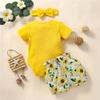 Infant Newborn Baby Girl Clothes Summer Outfits Ruffle Short Sleeve Romper and Floral Shorts Set with Headband (Yellow,12-18 Months,) view 3
