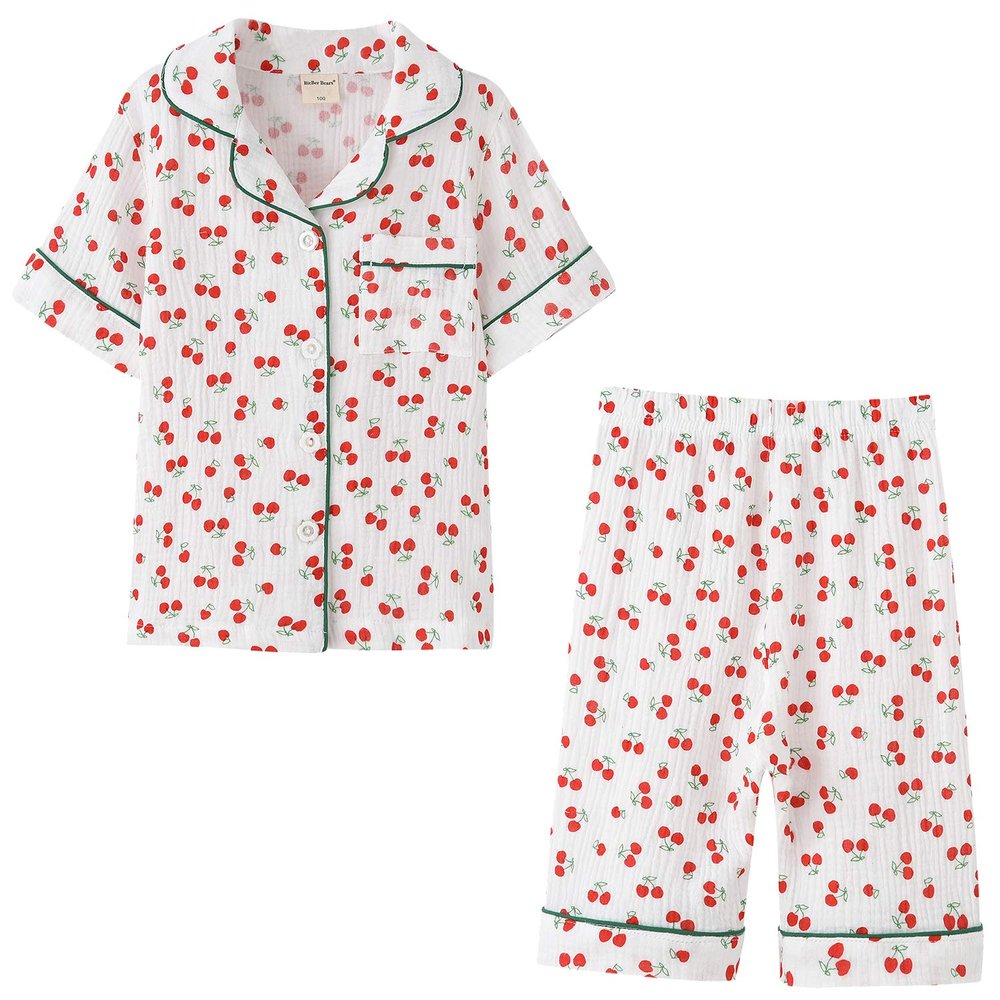 ACESTAR Toddler Girls Boys Pajamas Set Summer 2 Pcs Pjs Set - Kids Short Sleeve Button Down Sleepwear (White Cherry, 6T)