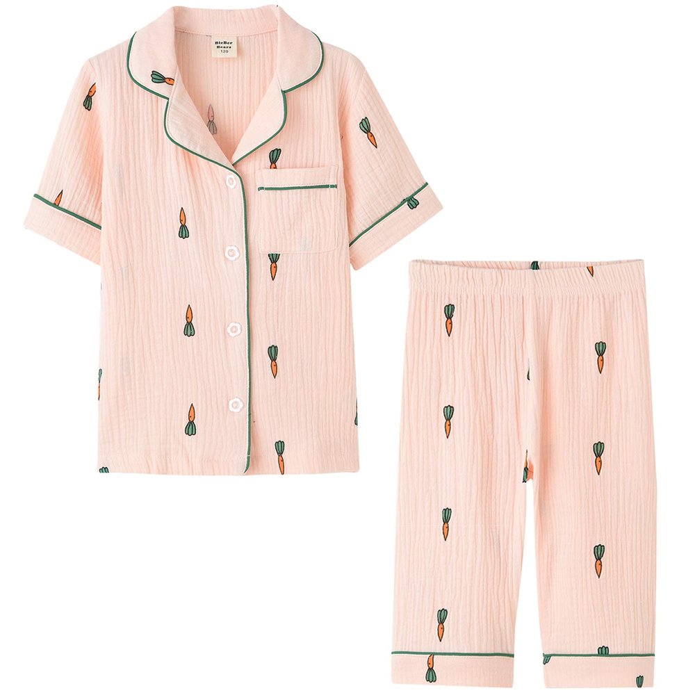 ACESTAR Toddler Girls Boys Pajamas Set Summer 2 Pcs Pjs Set - Kids Short Sleeve Button Down Sleepwear (Light Pink Carrot, 7T)