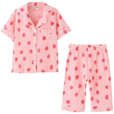 ACESTAR Toddler Girls Boys Pajamas Set Summer 2 Pcs Pjs Set - Kids Short Sleeve Button Down Sleepwear (Pink Strawberry, 7T)