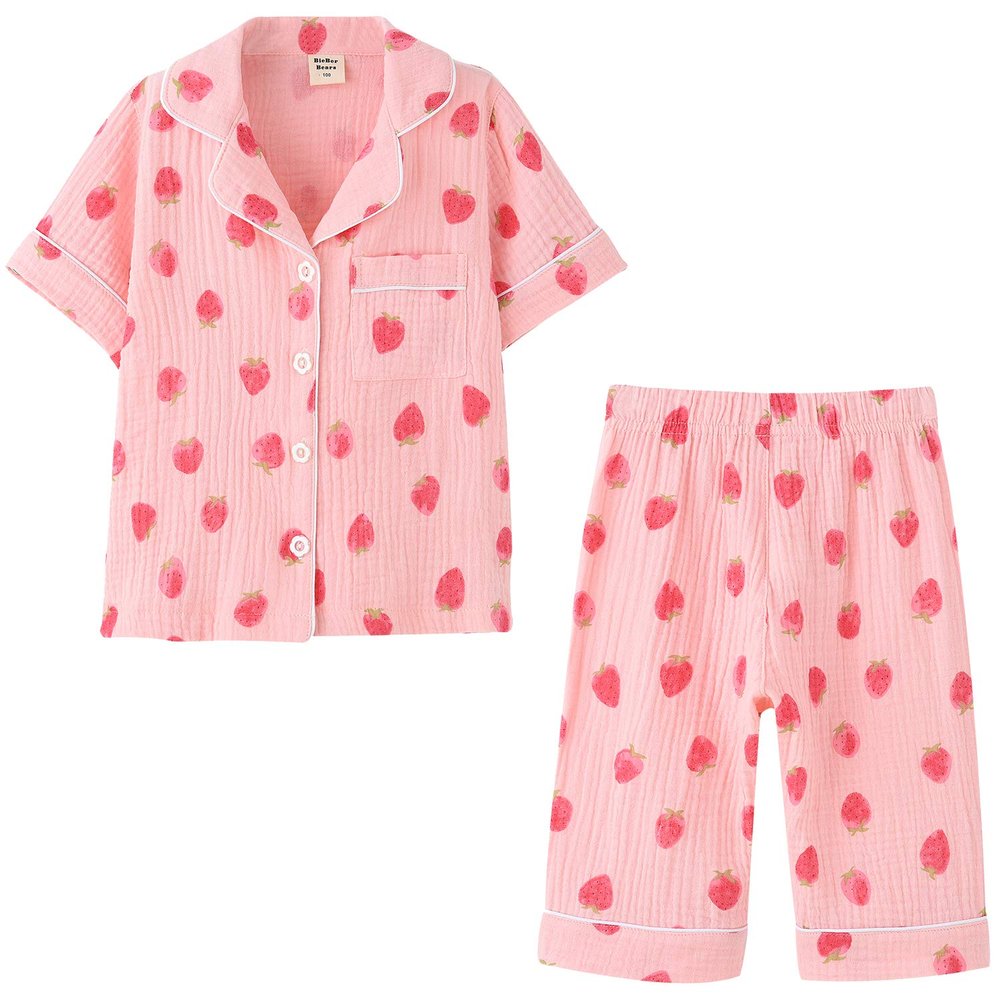 ACESTAR Toddler Girls Boys Pajamas Set Summer 2 Pcs Pjs Set - Kids Short Sleeve Button Down Sleepwear (Pink Strawberry, 7T)