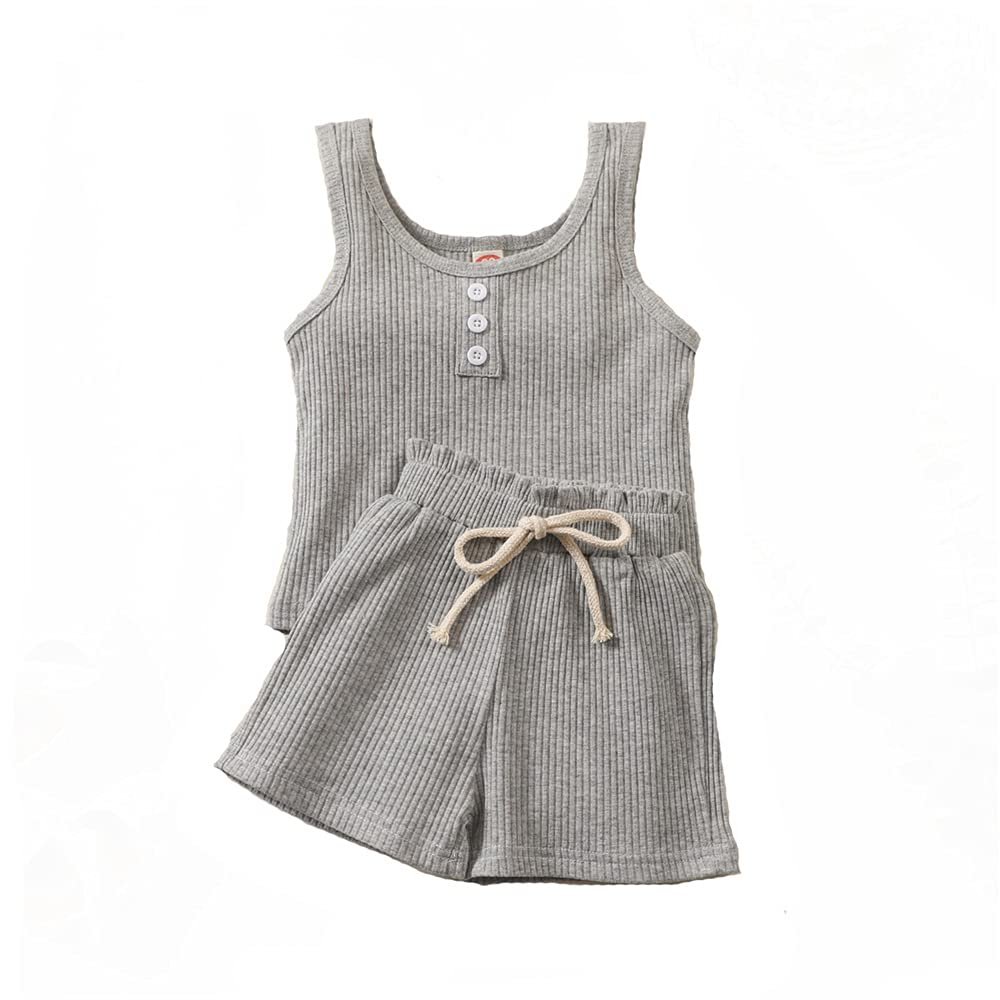 Toddler Baby Girl Ribbed Shorts Outfit Sleeveless Tank Tops T-Shirt and Shorts Summer Clothes Set (4-5T,Gray,)