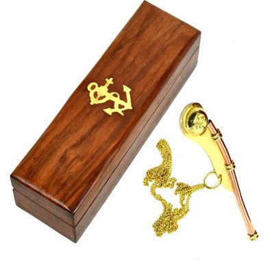 Brass Boatswains Whistle or Bosun Pipe Maritime Nautical Collection With Wooden Box Rustic Vintage Home Decor Gifts