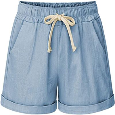 Yoinlia Women's Summer Casual Drawstring Elastic Waist Shorts SkyBlue XL