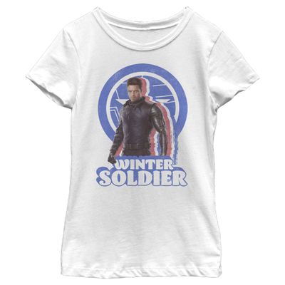 Fifth Sun Marvel Likeness The Falcon and The Winter Soldier Distressed Bucky Girl's Solid Crew Tee, White, Medium