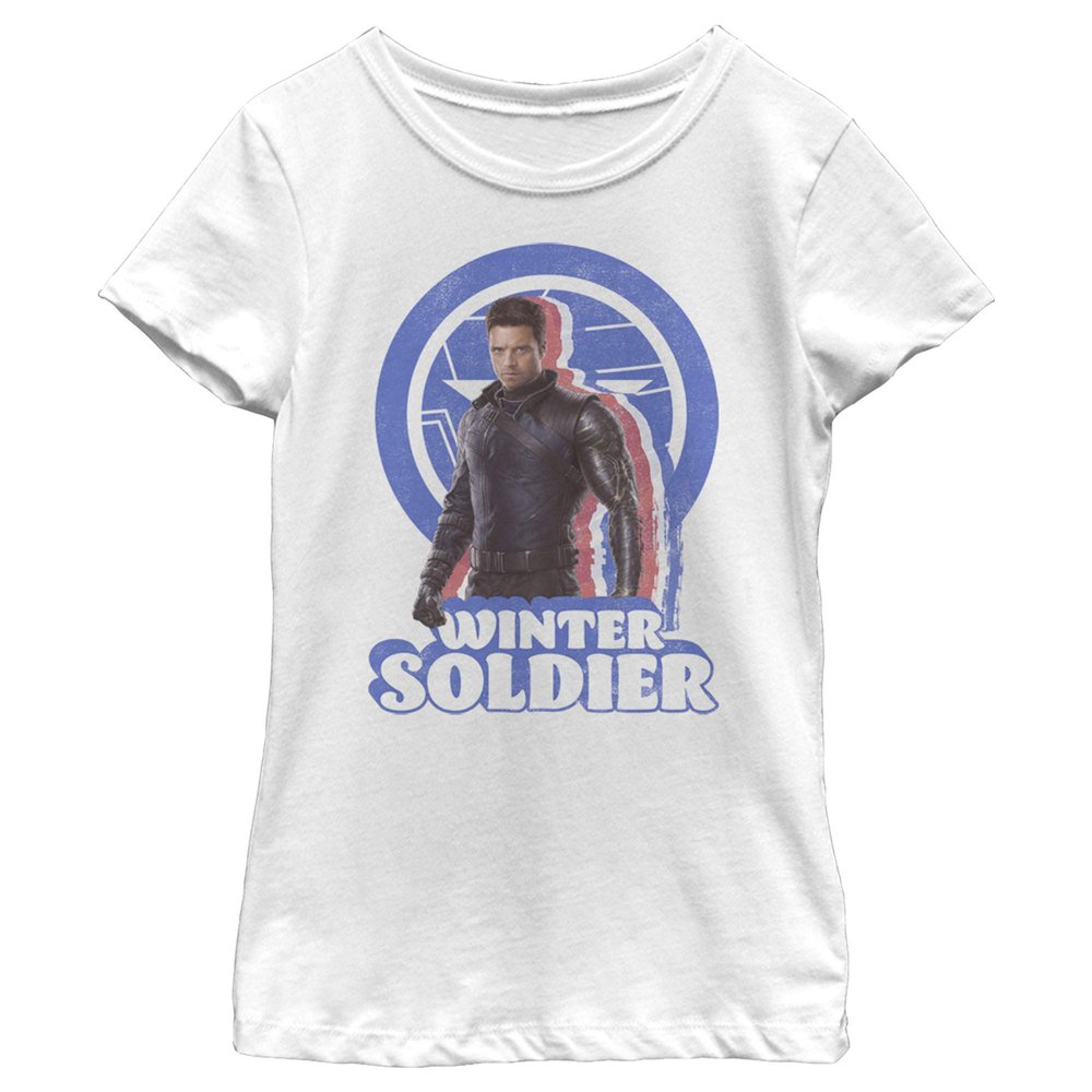Fifth Sun Marvel Likeness The Falcon and The Winter Soldier Distressed Bucky Girl's Solid Crew Tee, White, Medium