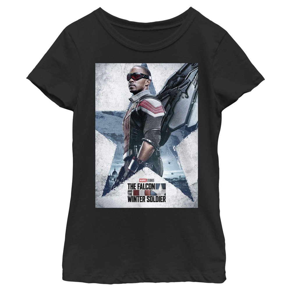 Fifth Sun Marvel Likeness Winter Soldier Falcon Poster Girl's Solid Crew Tee, Black, X-Large