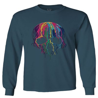 0292. Cool Graphic Skull Melting Streetwear Hip hop Society Men's Long Sleeve t Shirt (Indigo Blue 2X Large)