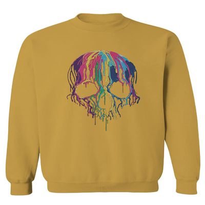 0292. Cool Graphic Skull Melting Streetwear Hip hop Society Men's Crewneck Sweatshirt (Gold Medium)