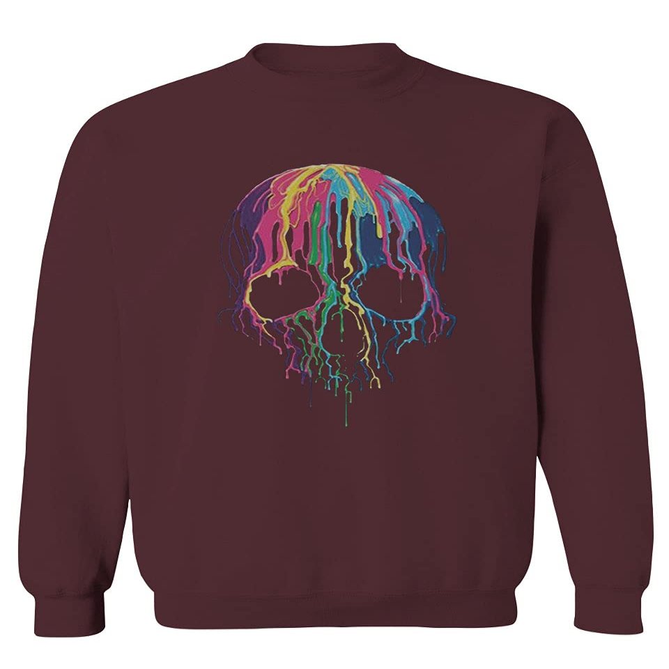 0292. Cool Graphic Skull Melting Streetwear Hip hop Society Men's Crewneck Sweatshirt (Maroon Large)