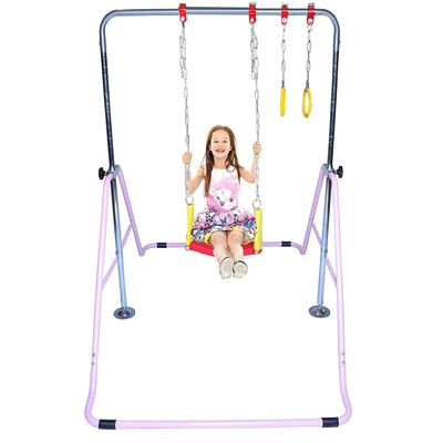 JungleKids Gymnastic Bars for Kids 3 in 1 Set with Swing Seat & 2 Trapeze Rings | Adjustable Height Folding Gymnastics Training Kip Bar for Home | Junior Horizontal Bar Expandable Monkey Bar Pink