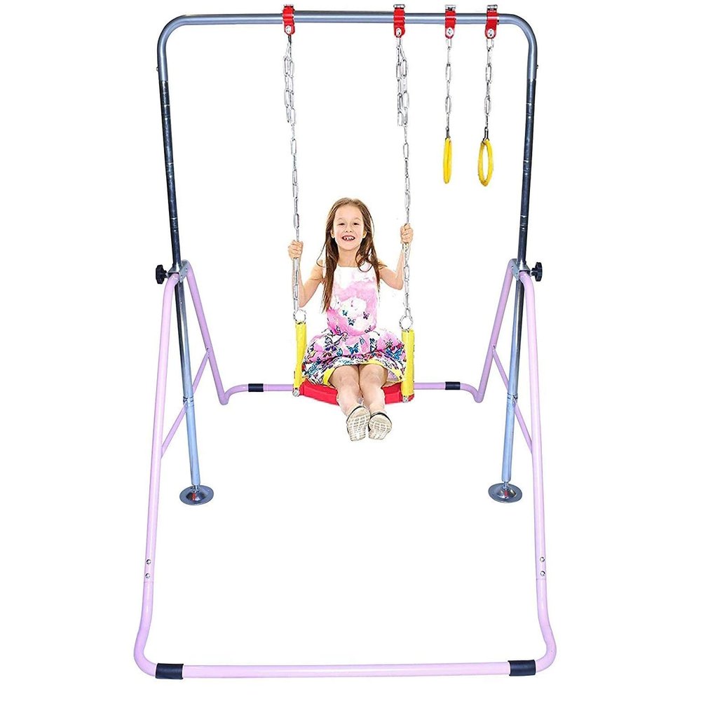 JungleKids Gymnastic Bars for Kids 3 in 1 Set with Swing Seat & 2 Trapeze Rings | Adjustable Height Folding Gymnastics Training Kip Bar for Home | Junior Horizontal Bar Expandable Monkey Bar Pink