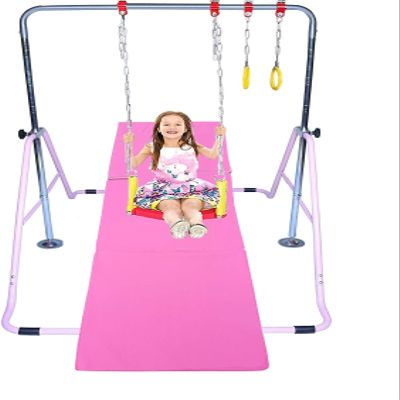 Gymnastic Bars for Kids 4 in 1 Set with Swing Seat, 2 Trapeze Rings, & Tri Fold Mat | Adjustable Height Folding Gymnastics Training Kip Bar for Home | Junior Horizontal Bar Expandable Monkey Bar Pink