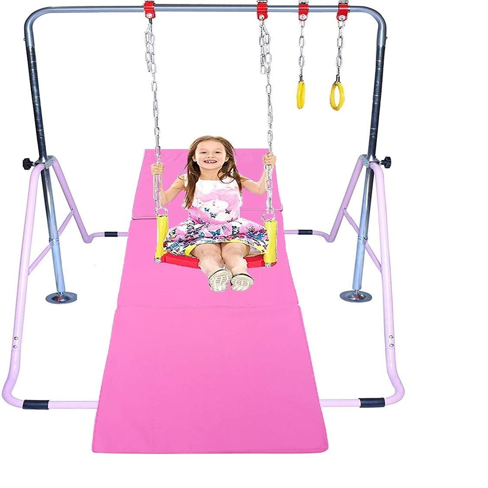 Gymnastic Bars for Kids 4 in 1 Set with Swing Seat, 2 Trapeze Rings, & Tri Fold Mat | Adjustable Height Folding Gymnastics Training Kip Bar for Home | Junior Horizontal Bar Expandable Monkey Bar Pink