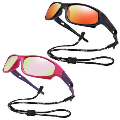 Kids Flexible Polarized UV Protection Sunglasses for Boys Girls Age 3-10 with Strap (black+pink 2 pcs)