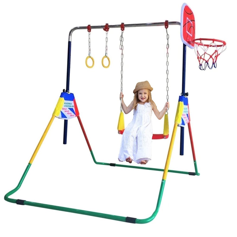 Gymnastics Bar Kids Height Adjustable 4 in 1 Set Horizontal Kip Bar, Swing Seat & 2 Trapeze Rings, Basketball Hoop - Folding Gymnastics Training Home Bar - Junior Horizontal Bar Expandable Monkey Bar