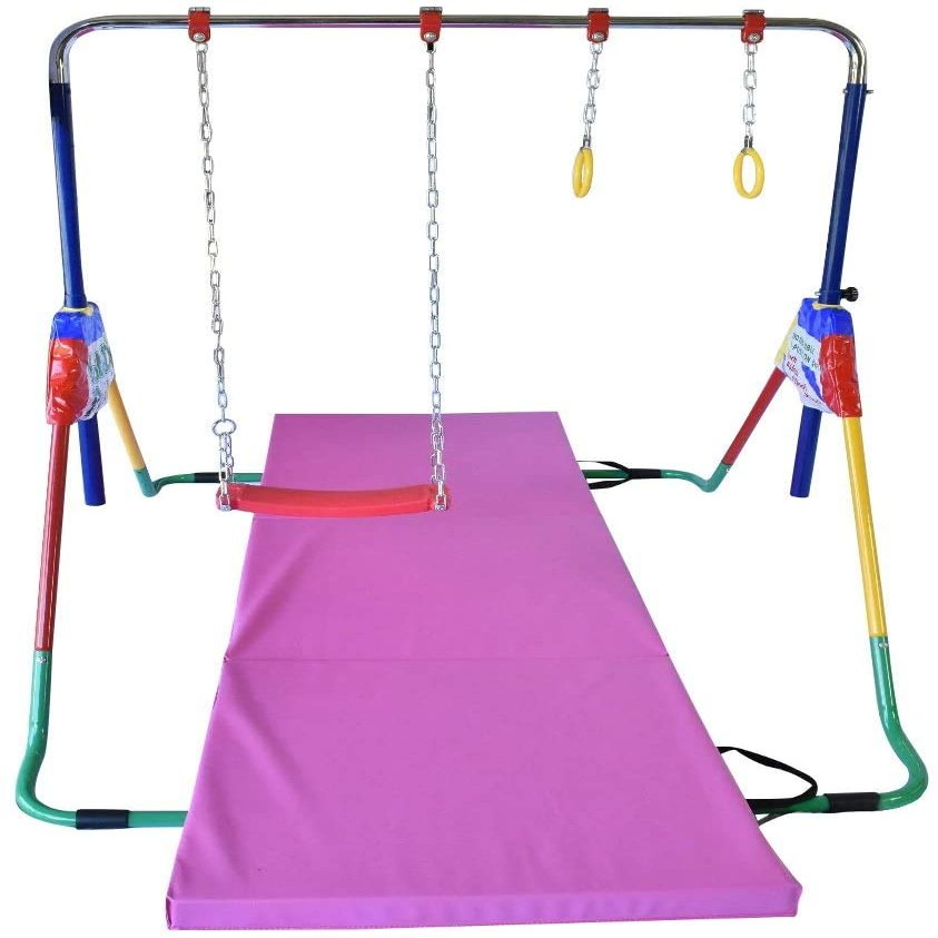 Athletic Bar Gymnastics Kids Height Adjustable 5 in 1 Horizontal Kip Bar, Tri Fold Tumble Mat, Swing Seat, Trapeze Rings, Basketball Hoop - Folding Training Home Junior Expandable Monkey